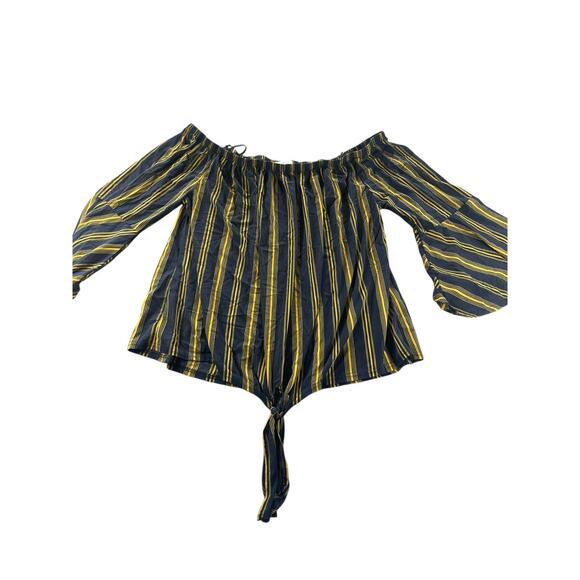 Ivy Rose Off-The-Shoulder Tie Front Navy Blue Yellow Stripe Top Womens Size 2X - Picture 1 of 8